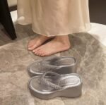 Rhinestone silver ultra-high heel wedge heel thick-soled