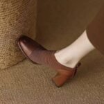 French retro soft leather square toe high heels and bare ankle boot - Image 2