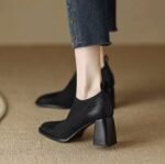 French retro soft leather square toe high heels and bare ankle boot - Image 4