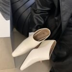 European and American style closed-toe half mules, soft leather, square toe, wedge heel, high-heeled sandals, fashionable, suitable for outdoor wear, - Image 3