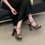 New Fashionable and Elegant Versatile Sandals with Rhinestone Waterproof Platform Open Toe Bow Chunky Heel High Heels - Image 5