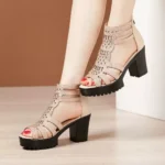New Style Women's Sandals with Rhinestone Hollow Out Fashion, Peep Toe, Non-slip, Versatile High-Heeled Roman Sandals - Image 4