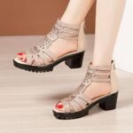 New Style Women's Sandals with Rhinestone Hollow Out Fashion, Peep Toe, Non-slip, Versatile High-Heeled Roman Sandals - Image 2