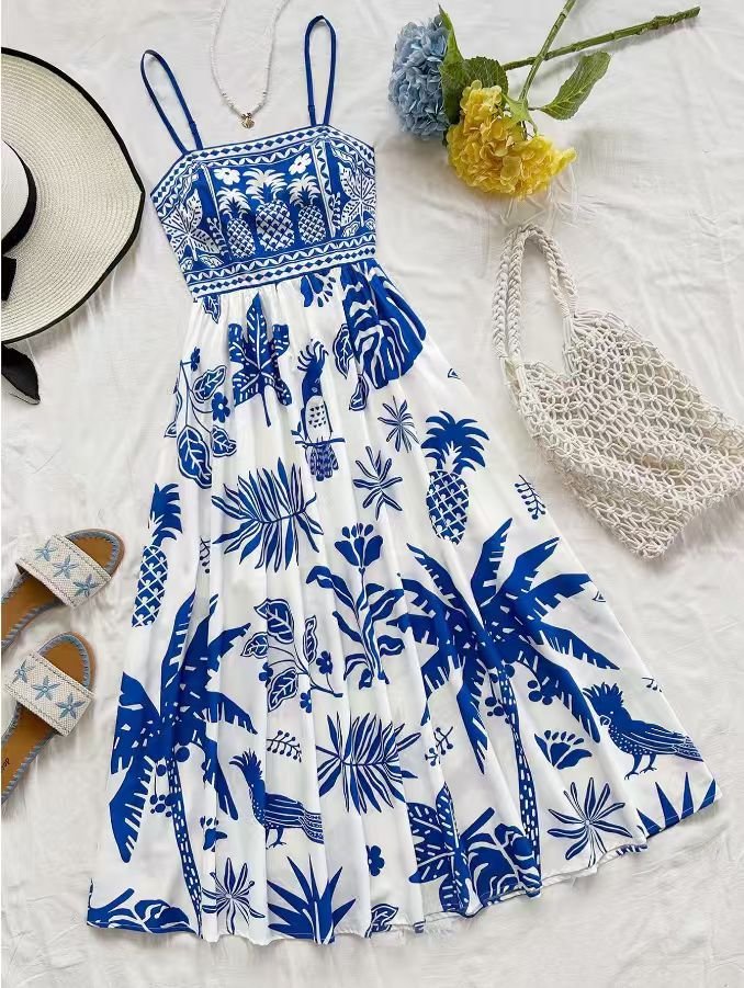 主图-5 New Women's A-line Dress with Printed Design, Thin Straps - Image 1