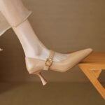 French pointed-toe chunky heel Mary Jane shoes