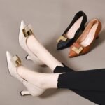 New Style Niche French High Heels Women's Stiletto Heels, Apricot Color, Metal Buckle, Low-Cut Shoes