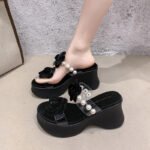 Women's stylish Casual Platform Wedge Sandals With Transparent Floral And Pearl Details.