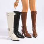 New Fashionable and Versatile Pointed Toe High-Heeled Motorcycle Boots with Rivets and Side Zippers