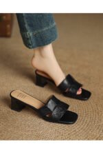 French-style square-toe open-toe chunky heel sandals for women. - Image 5