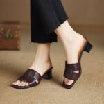 French-style square-toe open-toe chunky heel sandals for women. - Image 3